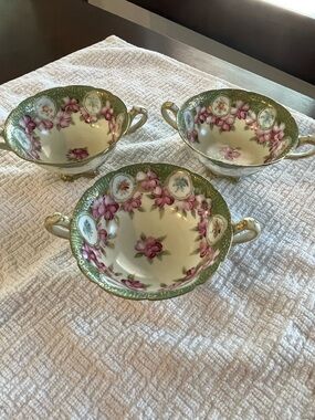 Antique Pre-Nippon Set of 3 Porcelain Floral Double-Handle Bowls - Green & Pink
